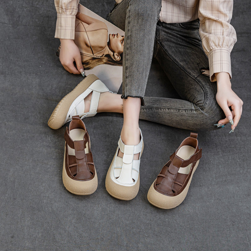 Womens Retro Woven Leather Fisherman Sandals Velcro Closed Toe Platform Walking Shoes