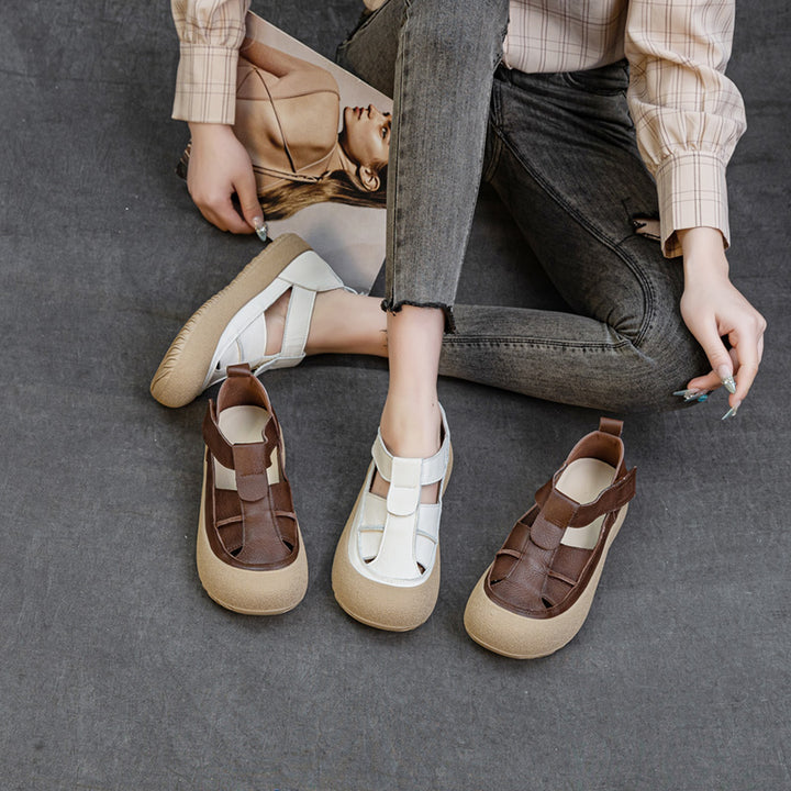 Womens Retro Woven Leather Fisherman Sandals Velcro Closed Toe Platform Walking Shoes