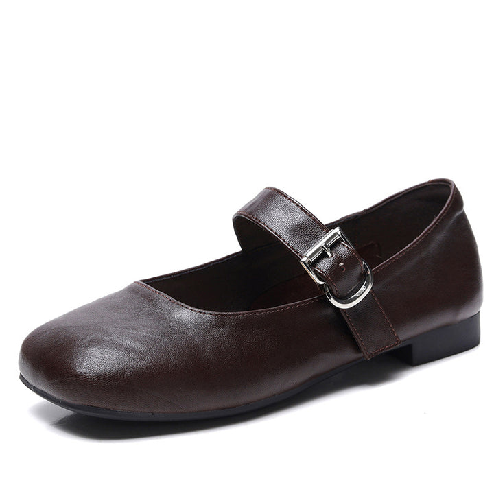 Women‘s Retro Leather Mary Jane Flats Vintage Square Toe Casual Ballet Shoes