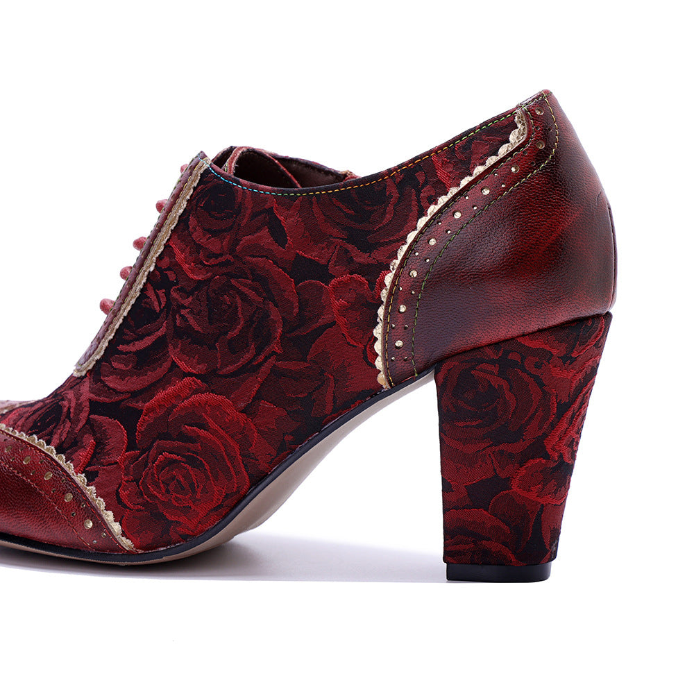Women's Vintage Floral Sheepskin Oxfords High Heel Lace Up Brogue Booties