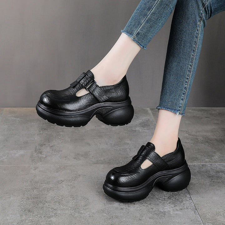 Women's Chunky Loafers - Leather Elevated Flats - Breathable Unlined Design with Velcro Strap