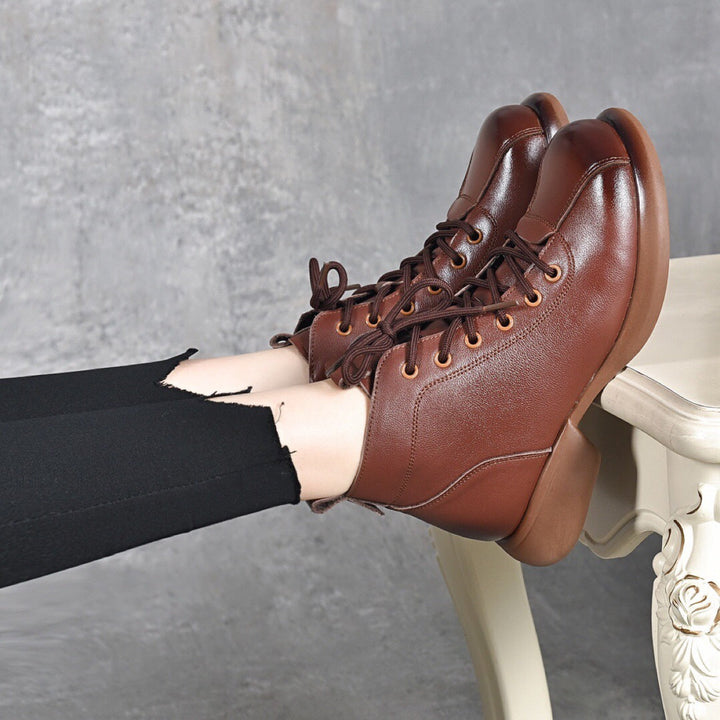 Women’s Vintage Leather Lace-Up Ankle Boots – Mid Heel Side Zip Design