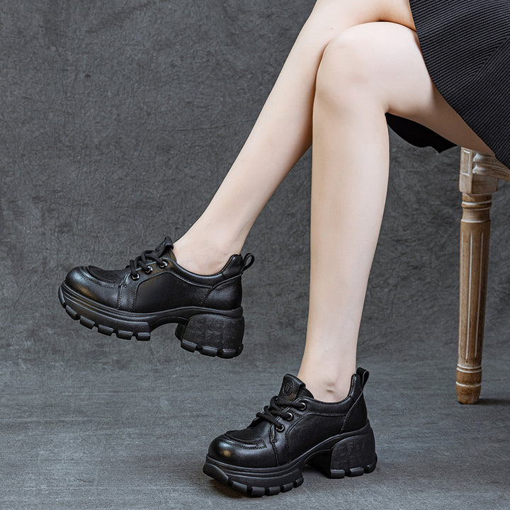 Women's Platform Genuine Leather Sneakers Chunky Heel Lace Up Casual Oxfords