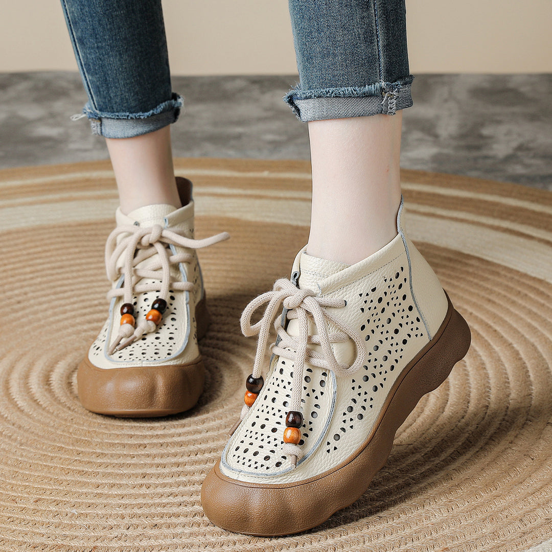 Women's Leather Ankle Sandals Boots Retro Lace-Up Vintage Hollow-Out Casual Summer Flats
