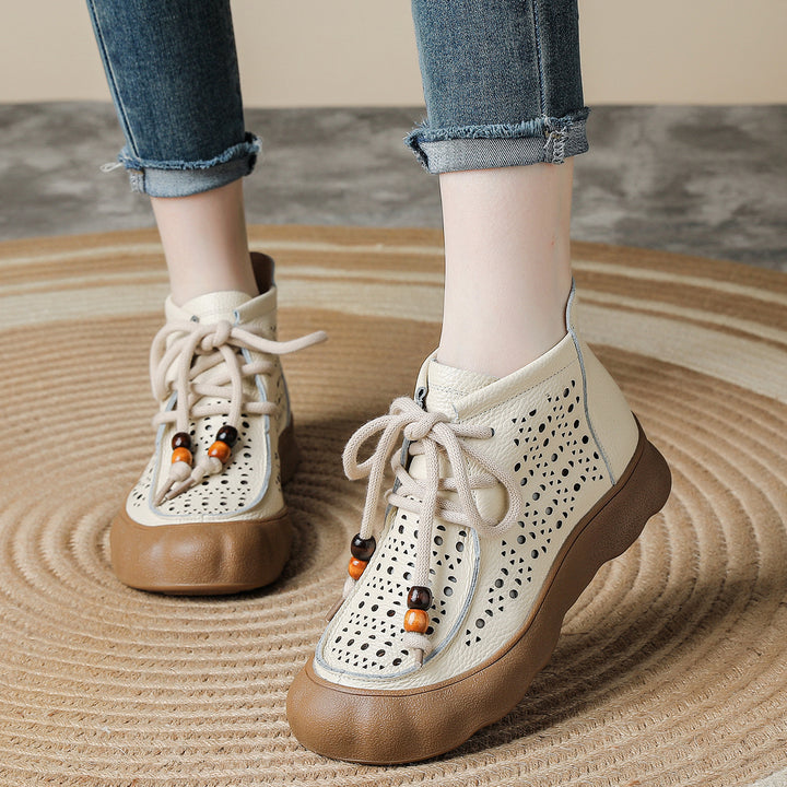 Women's Leather Ankle Sandals Boots Retro Lace-Up Vintage Hollow-Out Casual Summer Flats
