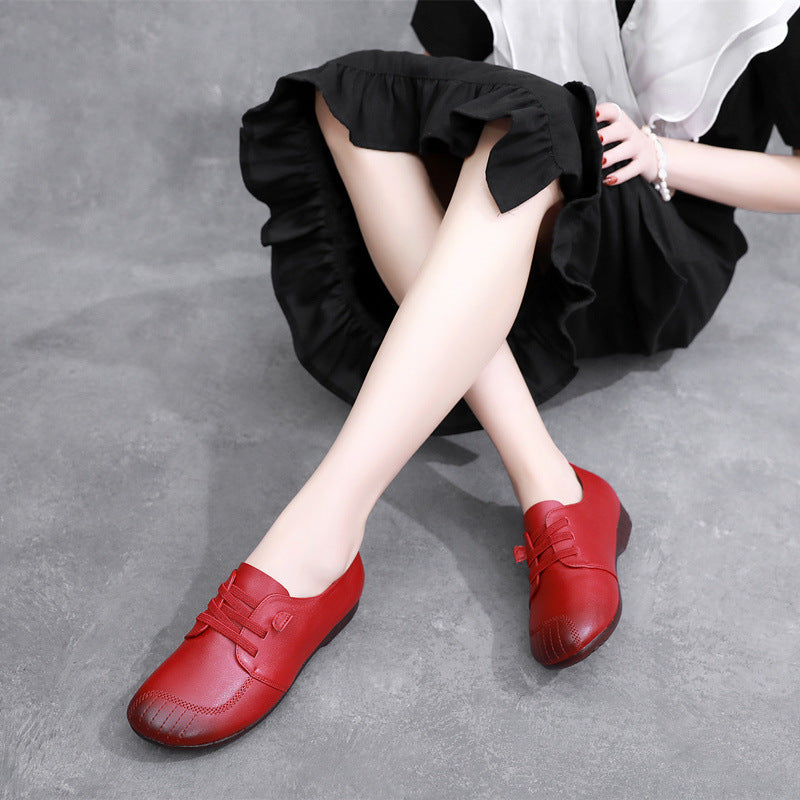 Women's Unlined Cowhide Flats - Breathable Genuine Leather Lace-up Casual Walking Shoes