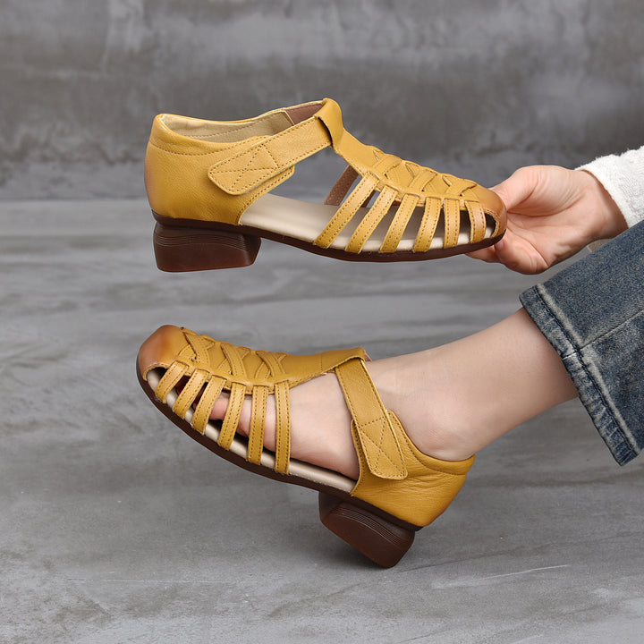 Women's Leather Fisherman Sandals - Closed Toe Woven Strappy Gladiator Sandals Low Block Heel