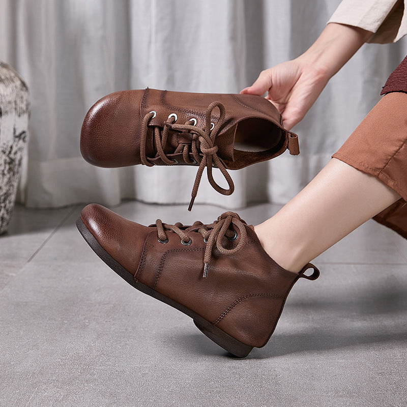 Vintage Women's Leather Lace-Up Ankle Boots – Casual Everyday Shoes