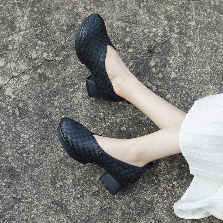 Women's Hand-Woven Loafers - Breathable Unlined Leather Shoes - Wedge Heel