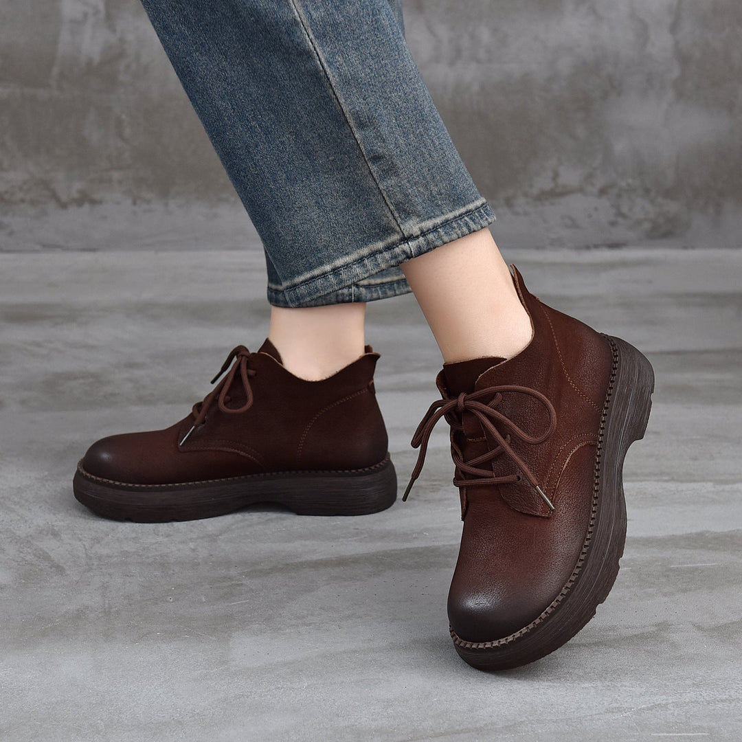 Women's Leather Platform High-Top Shoes – Round Toe Lace-Up Casual Style