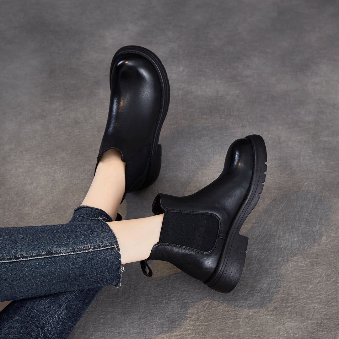 Women's Genuine Leather Chelsea Ankle Boots Vintage Slip-on Low Heel Winter Shoes