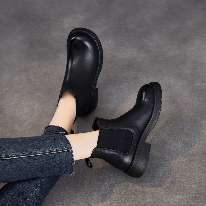 Women's Genuine Leather Chelsea Ankle Boots Vintage Slip-on Low Heel Winter Shoes