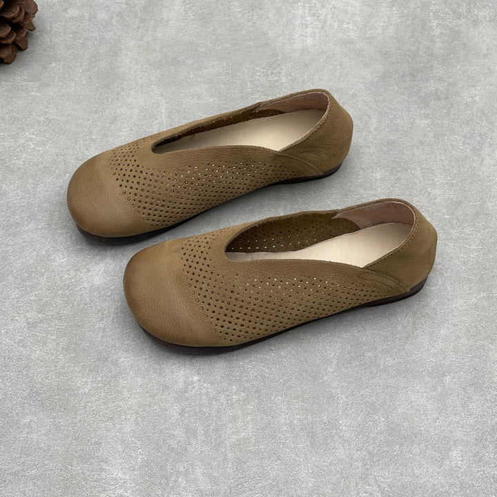 Women's Leather Perforated Loafers Retro V-Neck Slip-On Flats Ballet Flats Vintage Casual Summer Shoes