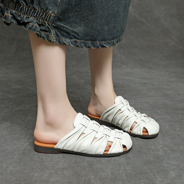 Women's Soft Leather Mules - Ruched Woven Closed Toe Flat Sandals Casual Slip-On Slide Slippers