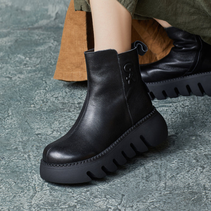 Women's Vintage Cowhide Platform Ankle Booties Round Toe Rubber Sole Winter Boots
