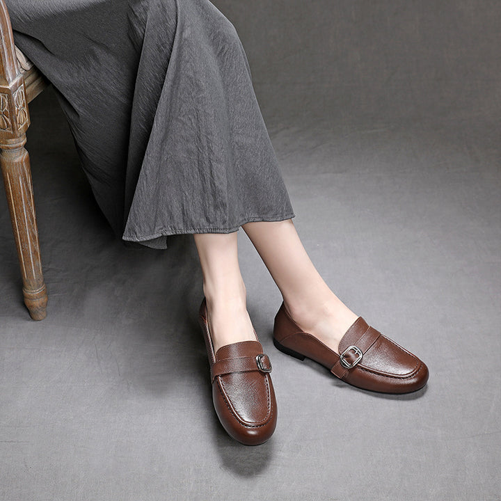 Women's Leather Casual Loafers - Soft Step-Down Back Flat Moccasins with Metal Buckle