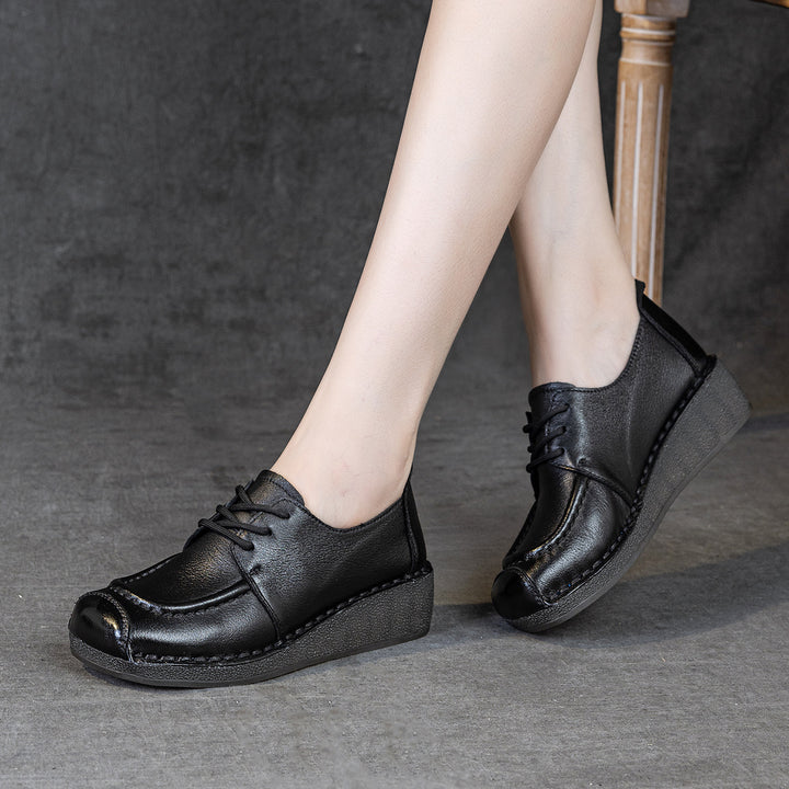 Women's Leather Square Toe Oxford Shoes Wedge Platform Lace Up Casual Loafers