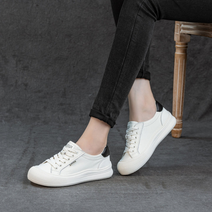 Women's Leather Low Top Sneakers Round Toe Lace Up Platform Canvas Style Shoes