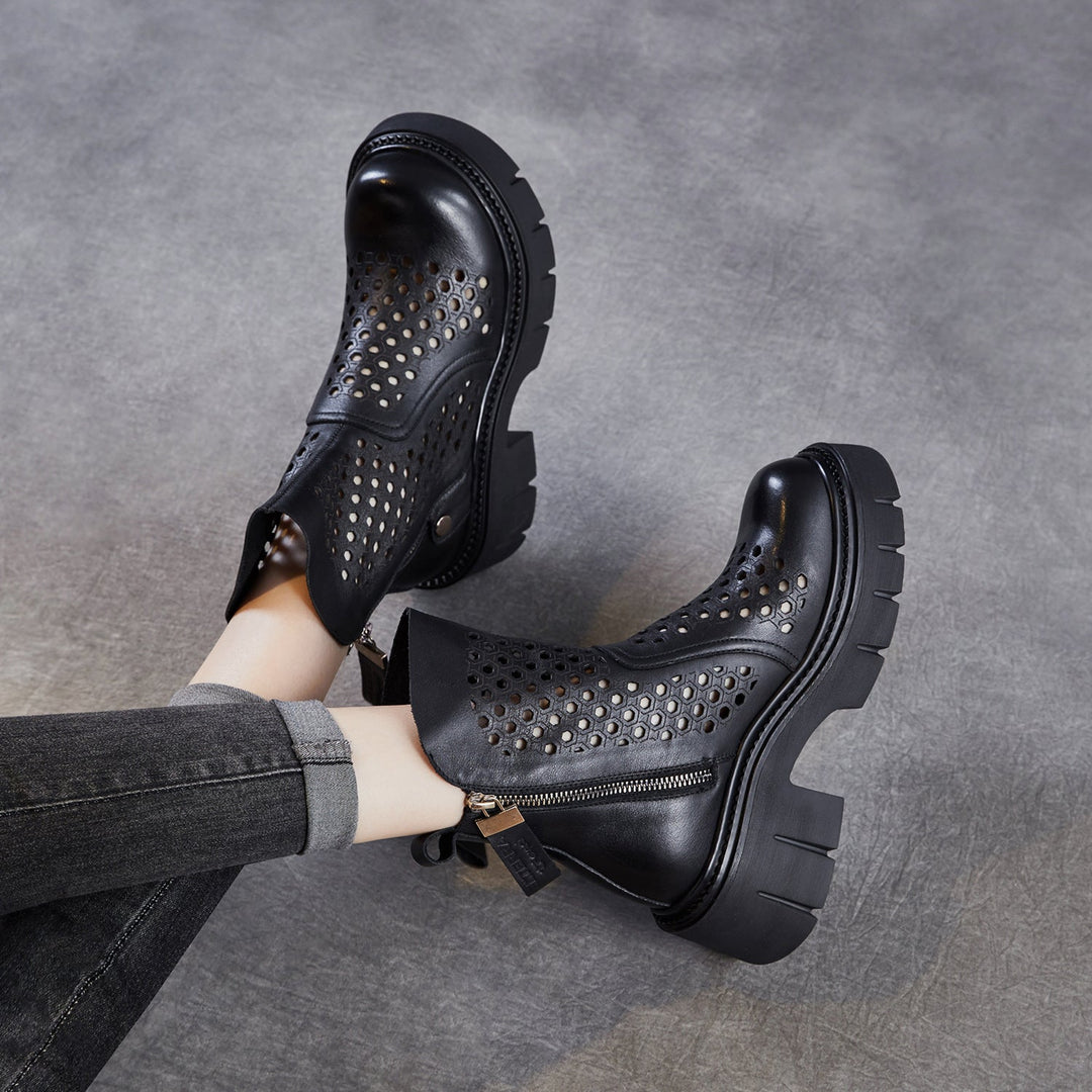 Women’s Retro Leather Cut-Out Ankle Boots – Summer Chunky Block Heel Zip Boots