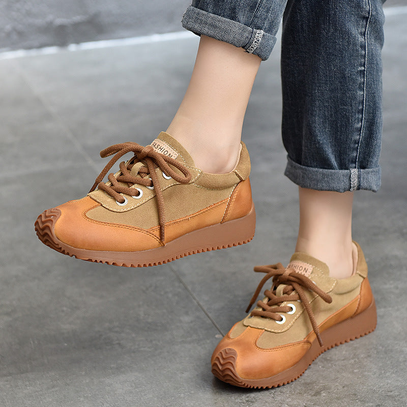 Women's Leather Patchwork Sneakers – Retro Casual Shoes