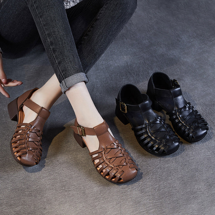 Women's Leather Fisherman Sandals - Vintage Interlocking Woven Closed Mid Block Heel Shoes with Buckle