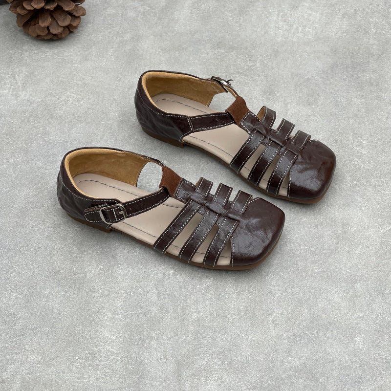 Women's Genuine Leather T-Strap Mary Jane Sandals Retro Square Toe Flats