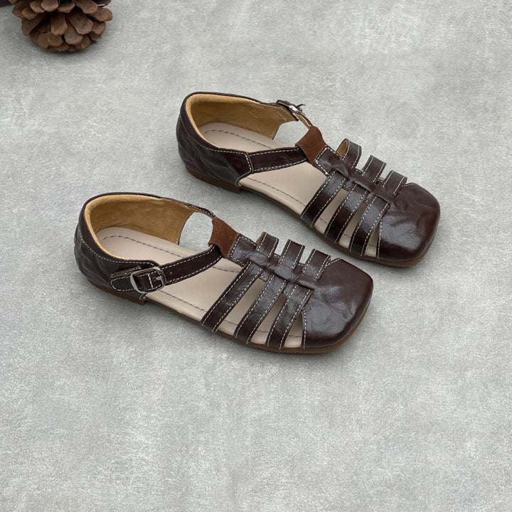 Women's Genuine Leather T-Strap Mary Jane Sandals Retro Square Toe Flats