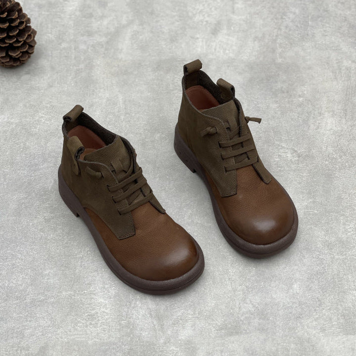 Women's Comfortable Leather Short Boots – Round Toe Patchwork Ankle Shoes