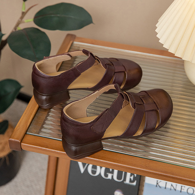 Women's Leather Fisherman Sandals - Retro Hollow Out Summer Mary Janes, Velcro Round Toe Block Heel Shoes