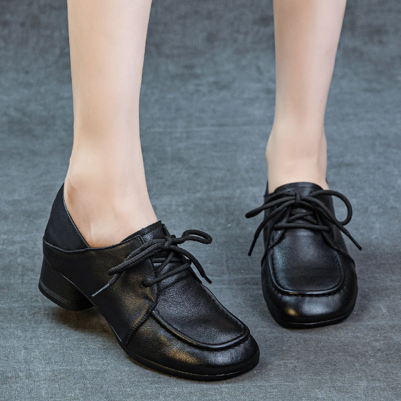 Women's Leather Pumps - Square Round Toe Lace-Up Low Block Chunky Heel Oxford Loafers