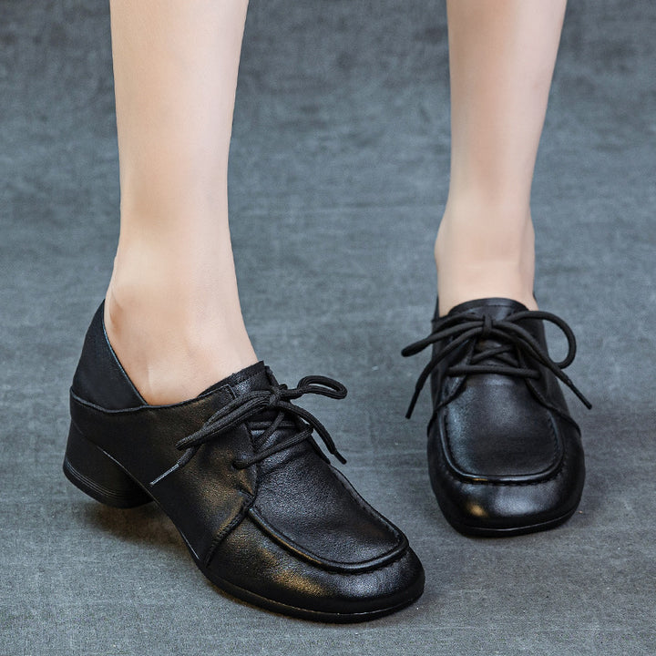 Women's Leather Pumps - Square Round Toe Lace-Up Low Block Chunky Heel Oxford Loafers