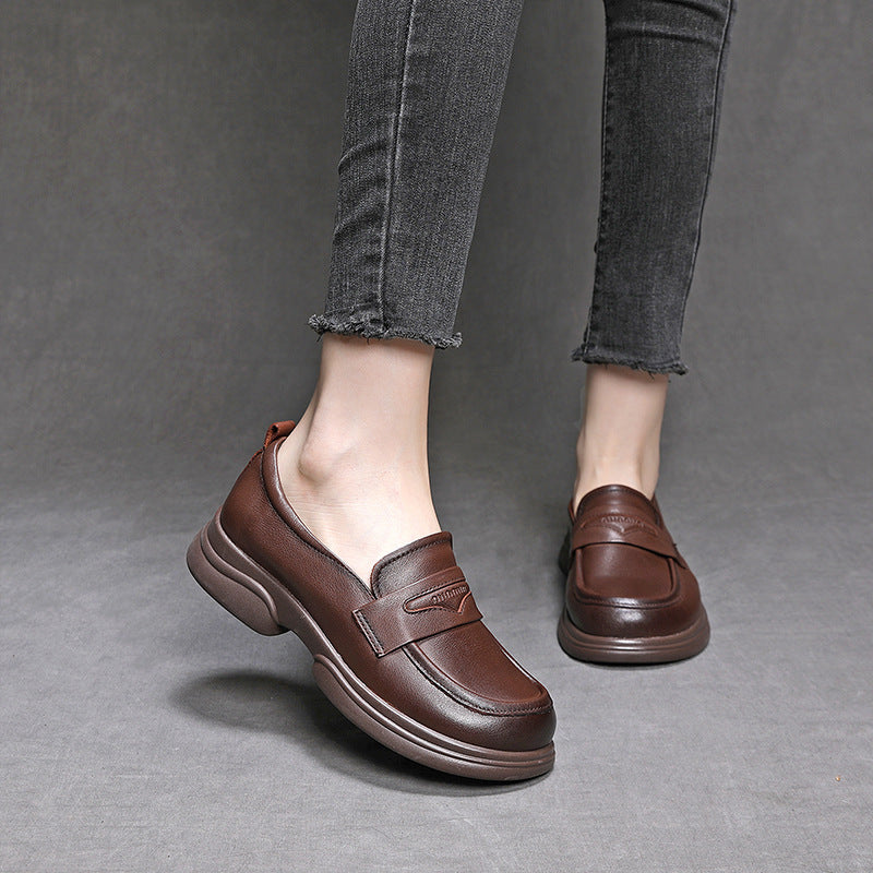 Women's Genuine Leather Penny Loafer Shoes Platform Slip On Round Toe Flats