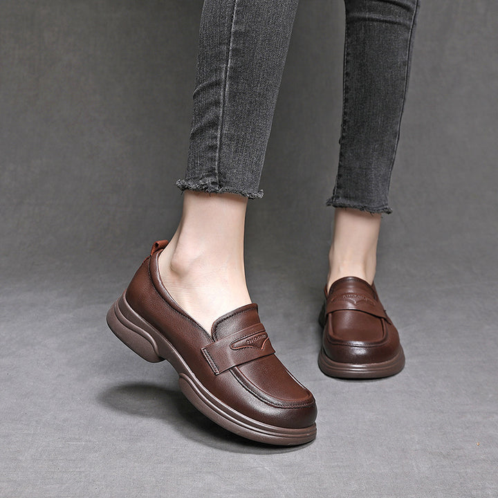 Women's Genuine Leather Penny Loafer Shoes Platform Slip On Round Toe Flats