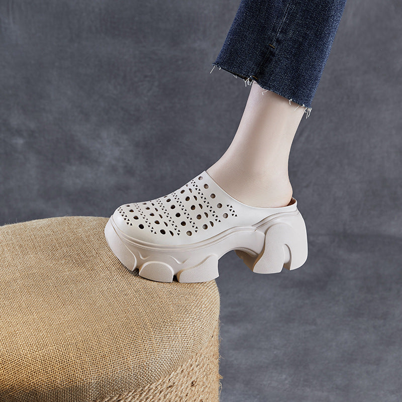 Women's Leather Platform Mules - Hollow Out Perforated Closed Round Toe Chunky Sandals Summer Slides