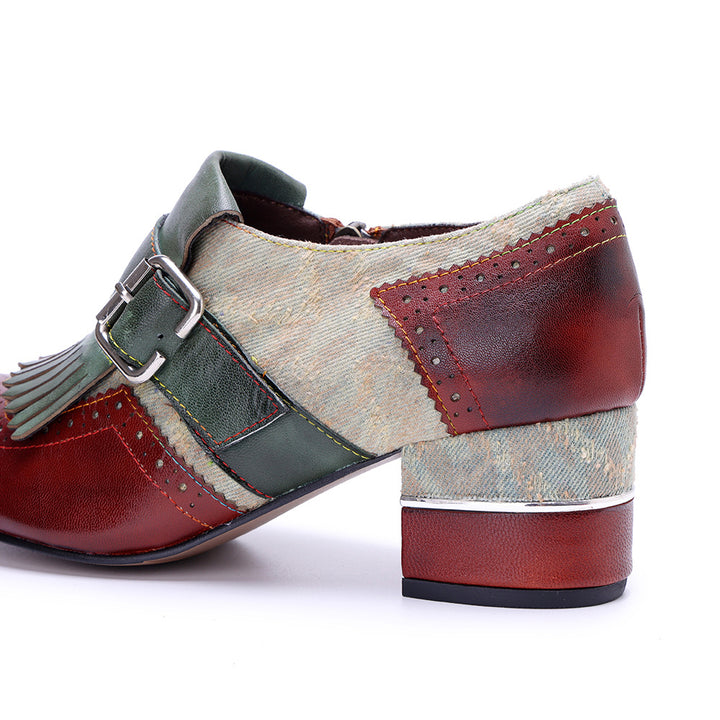 Women's Vintage Kiltie Fringe Block Heel Loafers Jacquard Sheepskin Slip On Shoes
