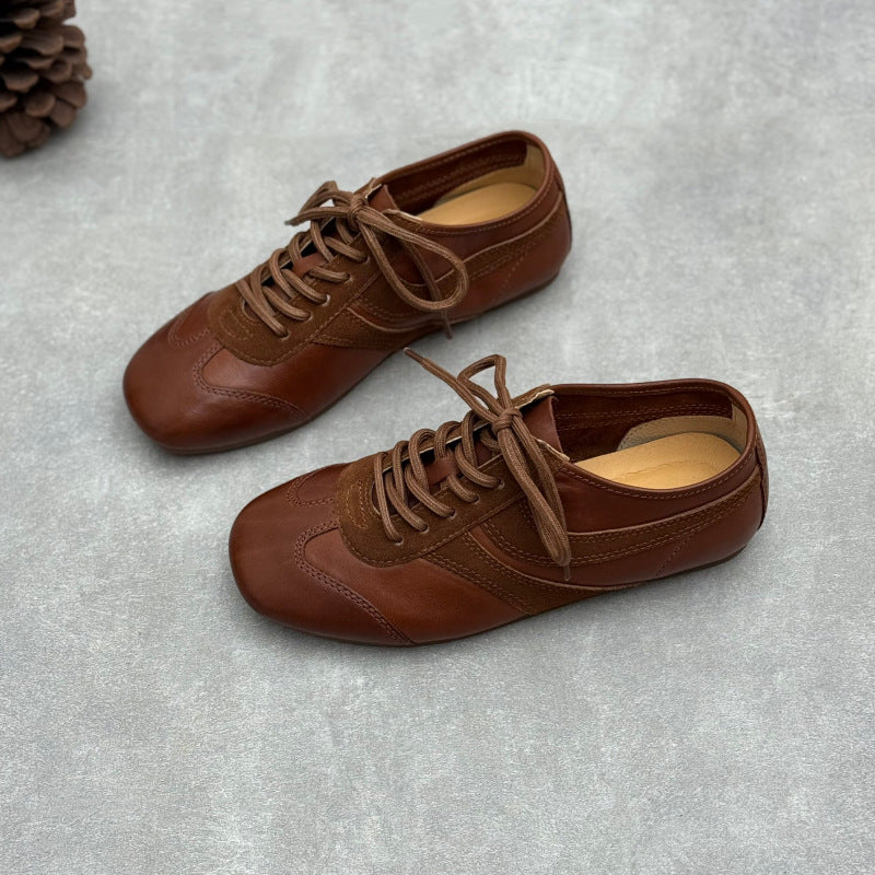 Women's Retro Washed Leather Sneakers Vintage Lace-up German Trainer Flats