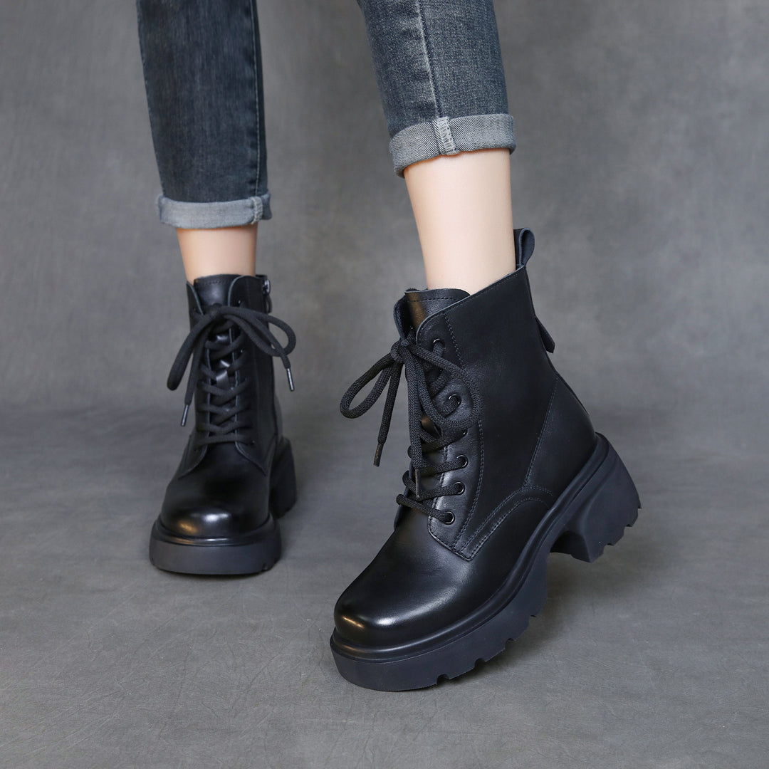 Women's Top-Grain Leather Ankle Boots Chunky Platform Block Heel Combat Booties
