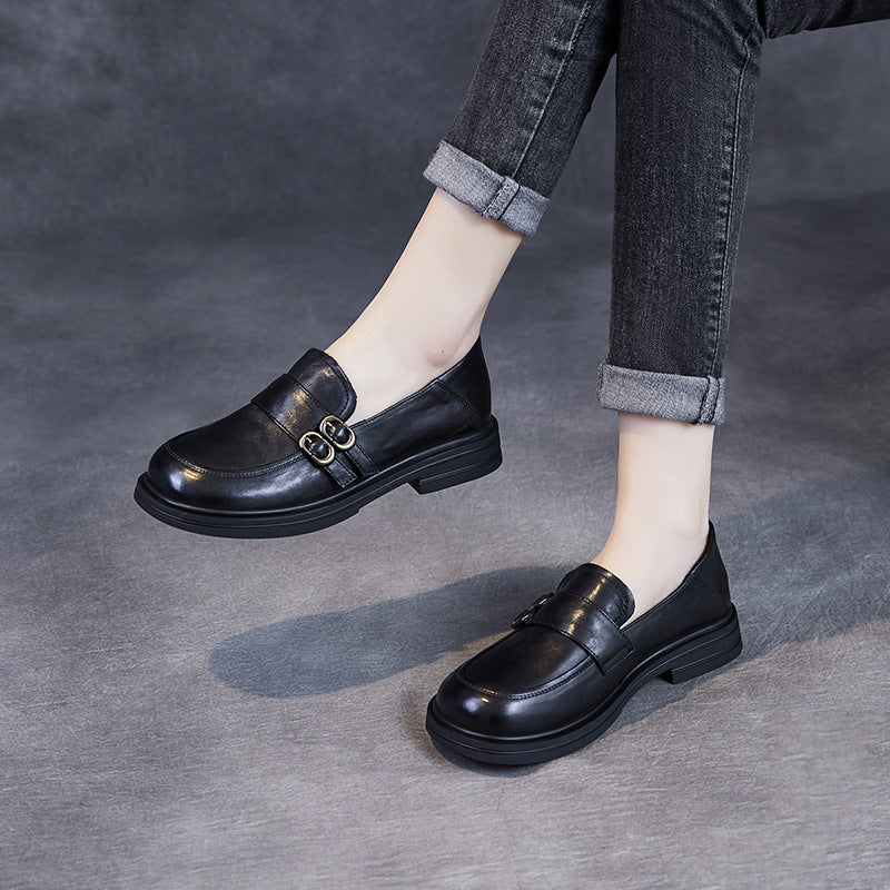Women’s Leather Slip-On Loafers – Vintage British Low Heel