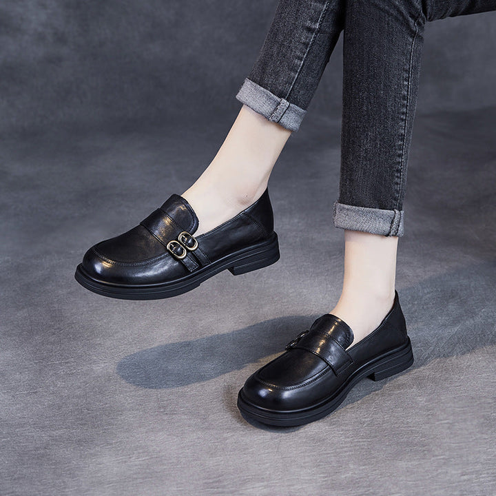 Women’s Leather Slip-On Loafers – Vintage British Low Heel