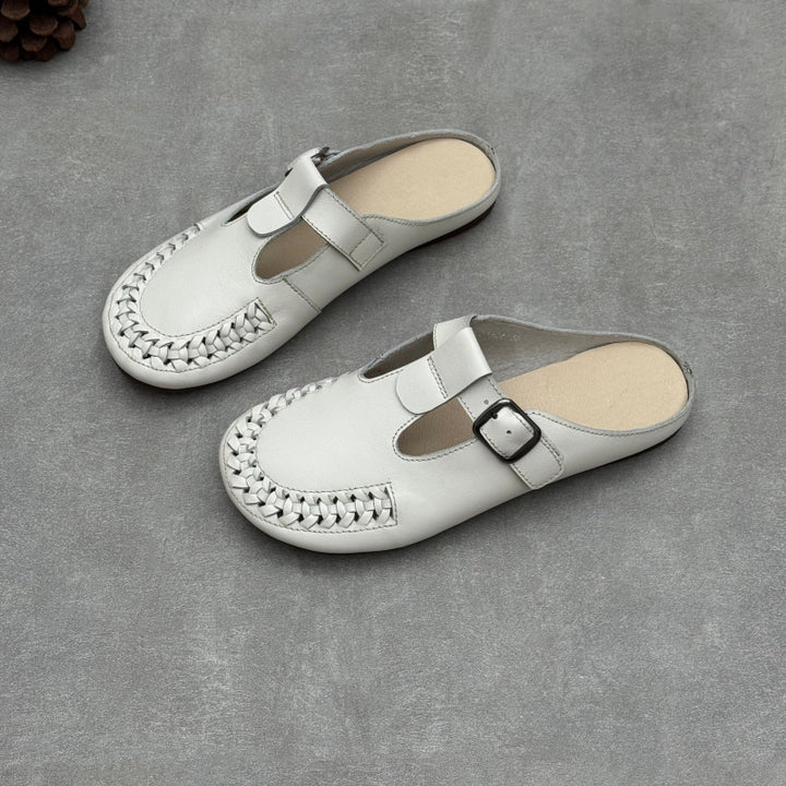 Women's T-Strap Leather Mules Retro Woven Perforated Clogs Barefoot-Friendly Casual Summer Flats