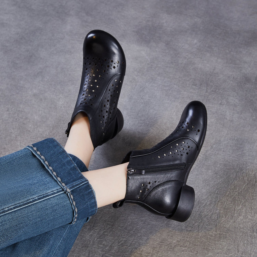 Women’s Summer Breathable Cut-Out Leather Boots – Retro Mid Heel Sandals