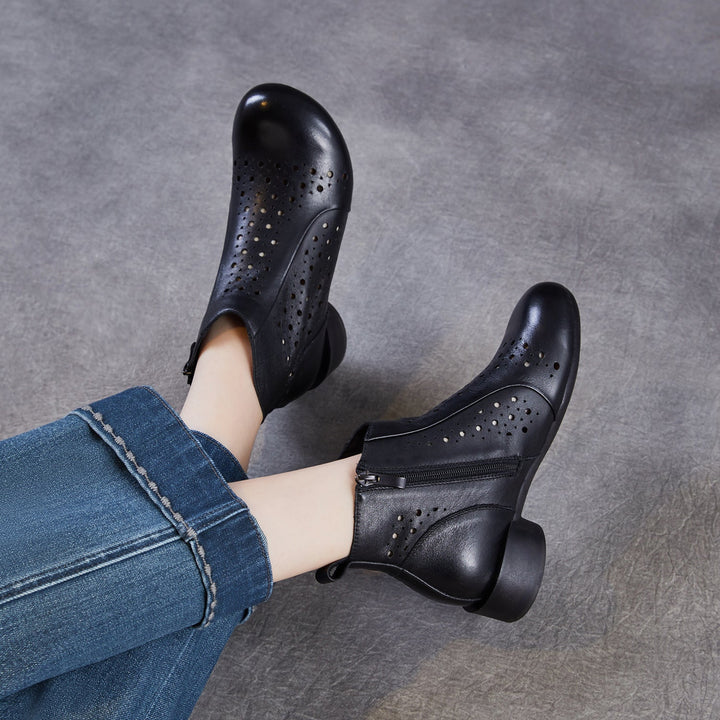 Women’s Summer Breathable Cut-Out Leather Boots – Retro Mid Heel Sandals