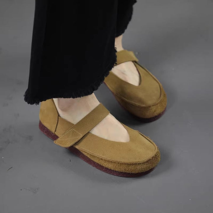 Women's Handmade Leather Patchwork V-Cut Velcro Flats