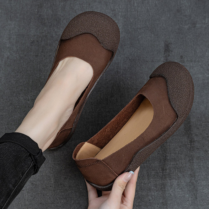 Women's Genuine Leather Ballet Flats Round Toe Slip On Unlined Walking Shoes