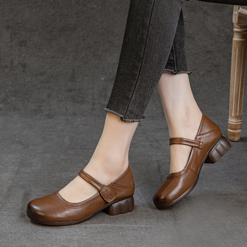 Women's Leather Mary Janes - Round Toe Vintage Instep Strap Block Chunky Heel Pumps