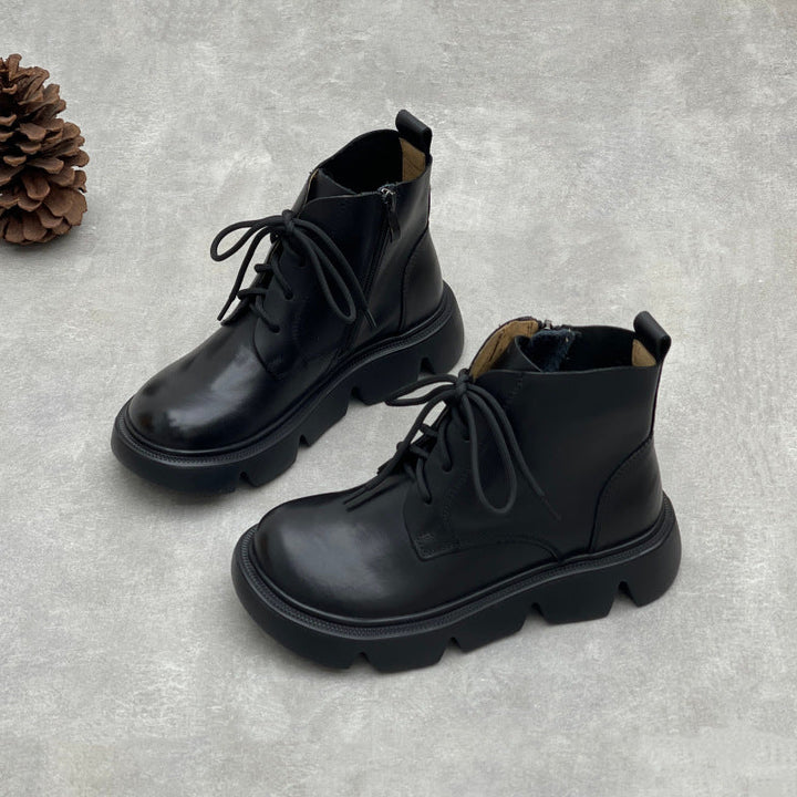 Women's Vintage Leather Platform Ankle Boots – Lace-Up Zipper Style