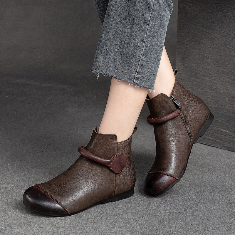 Women's Retro Leather Ankle Boots Vintage Round Toe Velcro Short Booties