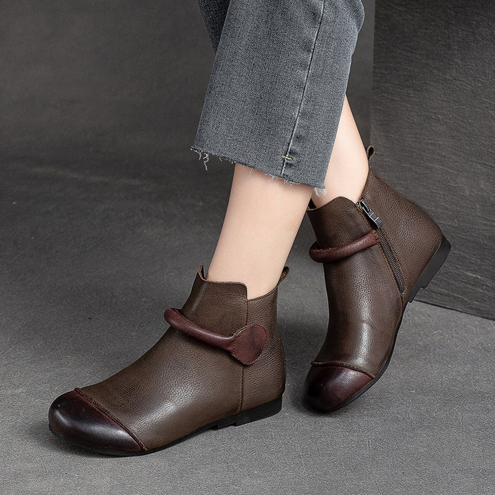 Women's Retro Leather Ankle Boots Vintage Round Toe Velcro Short Booties