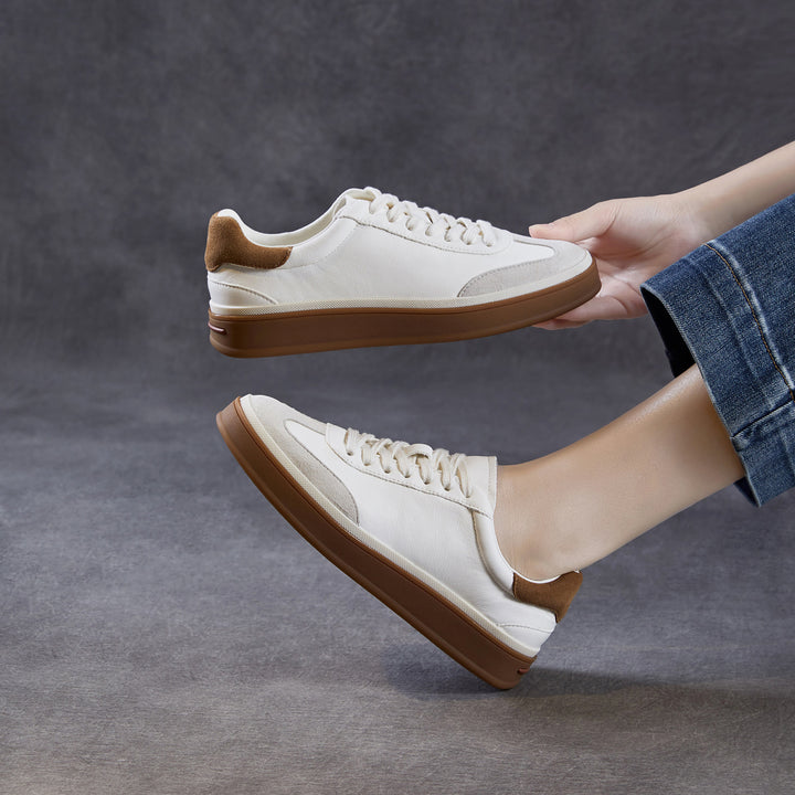 Womens Retro Cowhide Suede Patchwork Sneakers Vintage Round Toe Gum Sole Lace-up Flats
