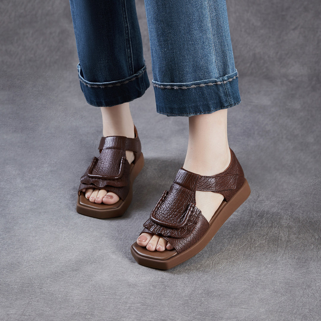 Women's Square Toe Platform Sandals Open Toe Retro Velcro Leather Ruffled Casual Summer Flats